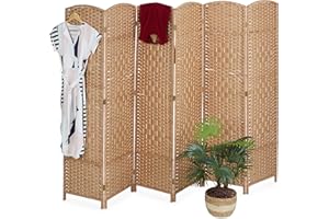 Relaxdays Paravento a 6 Pannelli, Separè Pieghevole, 170x241 cm, Divisorio per Interni, Corda di Carta, Marrone Chiaro, Legno