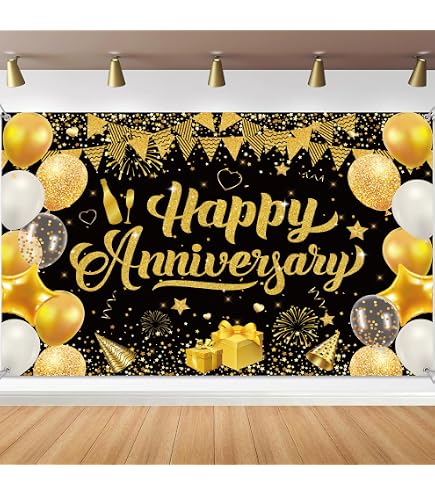 Striscione Per Anniversario In Tessuto Nero E Oro 3x0,5m - Decorazione Per Feste, Compleanni E Ricorrenze