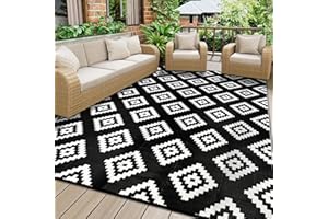 ‎HOMCOMODAR Homcomodar Outdoor Teppich Wetterfest 150x245cm Patio Teppiche Kunststoff Stroh Teppiche UV-beständige Camping Matte Reversible Matte Outdoor Teppich für Patio Clearance Picknick Deck(Schwarz)