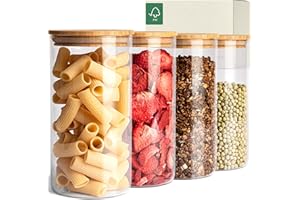 KIVY Barattoli Vetro Ermetici [4x 1200ml] - Barattoli Vetro di Qualità - Barattolo Cucina in Bambù - Porta Spaghetti - Contenitori - Contenitore Pasta