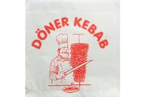 Starpak Pack of 100 Doner Kebab Bags (White with Red Motif and Lettering Print / 16 x 16 cm, Disposable, Sealed Paper Bag with Two Open Sides, Paper, Plastic, Head Fold)