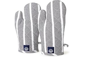 ‎ENCASA XO Encasa Homes Long 18x30 cm Oven Microwave Hand Gloves Mitts (2 pc Set) for Kitchen Cooking & Baking - Heat Resistant, Thick & Safe, Protection of Hands from Hot Utensils, Grill - Roma graue Streifen