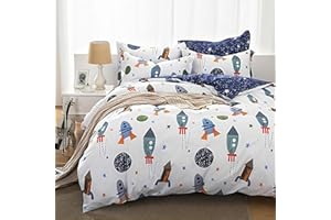 Qucover Copripiumino Singolo Bambino Cotone 135x200cm/ 80x80cm, Set di Biancheria da Letto per Bambini, Modello di Razzo Astronave Stelle Pianeti, Colore: Blu & Binaco