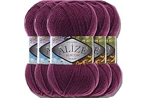 HOBBY YARN Alize Burcum Klasik Classic Lot de 5 pelotes de laine turque de qualité supérieure 100 % acrylique - 100 % acrylique - Couleur unie - Fil - Laine pour bébé - Pour crochet - Prune - 304