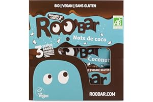 Roo'bar Barres Vegan sans Gluten Noix de Coco Enrobées Chocolat Noir - Lot de 3 - encas sportif - snack sain - 100% naturel