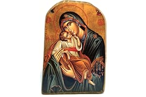 Icône en Bois Fait Main, Chrétienne orthodoxe Grecque, Representant Jésus Christ et la Vierge Marie / MP2_5