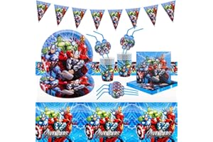 DEKEWE 52 Pièces Avengers Vaisselle de Fête Kit, Ensemble de Vaisselle Fête Decoration Anniversaire, d'anniversaire Deco Bannières Assiettes Tasses Nappe Serviettes Fêtes Décorations Enfants