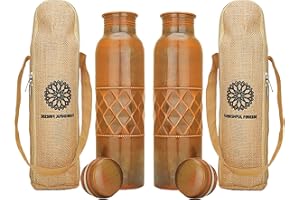 FURNISHFUL FINESSE Czysta antyczna diamentowa miedziana butelka na wodę z pokrywką i torbą do przenoszenia, 1000 ml, szczelna butelka na naczynie do ajurwedy, korzyści zdrowotne, do biura i podróży, 2