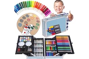 H&F Heimtextilien 145-tlg. Malset im blauen Aluminiumkoffer – Buntstifte, Filzstifte, Wasser- & Acrylfarben, Ölkreiden & Pinsel – Malkoffer für Kinder ab 3 Jahren