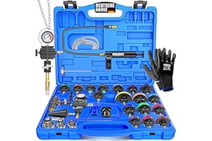 MASKO® Tester e dispositivo di spinta per sistema di raffreddamento | Controllore di pressione del radiatore, dispositivo di scarico del radiatore 28 pezzi incluso adattatore universale per radiatore