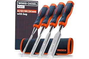Presch Wood Chisel Set 4 pcs. incl. Bag (6, 12, 18 & 24mm) - Fully Polished for immediate use - for Professionals with a 25° Angle and Robust Metal Striking Cap