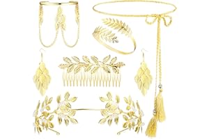 LOLIAS Déesse Grecque Costume Accessoires Feuille Laurier Doré Couronne Bras Manchette Bobine Bracelet Feuille Boucle d'oreille Mariée Mariage Casque Deguisement Romaine Bijoux Fantaisie Parure Femme