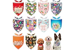 JpGdn 10pcs Christmas Dog Bandanas Kerchief Triangle Bibs Happy New Year Scarves Snowman Santa Claus Elk Christmas Tree Pattern for Large Girl Boy Puppy Doggy Grooming Costume