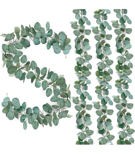 SOMYTING Künstliche Eukalyptus-Girlande – Mit Weißen Blüten, Silberdollar-Blättern, Haken Zum Aufhängen, Für Deko & Hochzeit