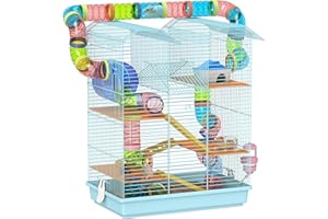 PawHut Jaula para Hámster Hábitat para Animales Pequeños de Múltiples Niveles con 4 Plataformas Cuenco de Comida Bebedero Rueda de Ejercicio Escaleras Sistema de Tubos 47x30x59 cm Azul Claro