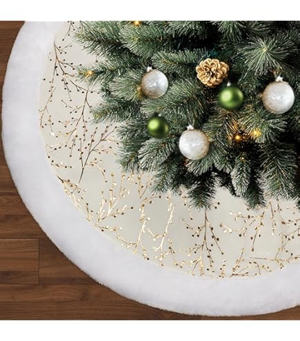 Jupe De Sapin De Noël 122 Cm – Peluche Blanche Avec Flocons Dorés, Bande Lumineuse Et Ornements Inclus