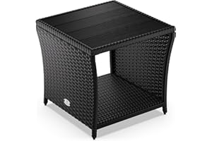 CASARIA Mesita Auxiliar de Poliratán Balcón Jardín 45x45x40cm Tablero WPC Mesa Altura Ajustable Negra