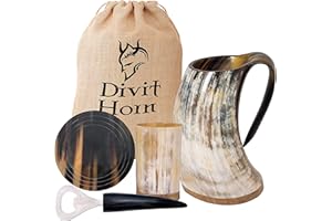 DIVIT HORN Divit autentico corno vichingo | Il boccale di birra arcaico | Stile reale; Bevi da una vera tazza di corno di bue. (Natural Mug Set, 650-700 ml)
