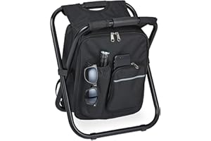 Relaxdays Sgabello Pieghevole Portatile, Zaino Portaoggetti, Sedia da Pesca, Campeggio, Poliestere, 42x35x29 cm, Nero