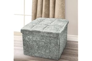 INTIMATES 1 Seater Luxury Crushed Velvet Fabric with Diamantes Foldaway Ottoman Stool Blanket Box Bench 38cms x 38cms (Silver)