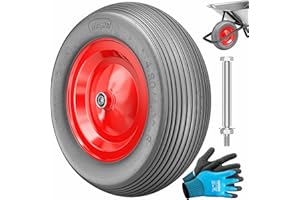 MASKO® PU Schubkarrenrad Vollgummi 200 kg 4.80/4.00-8 Ø 390mm Achse Ersatzrad Gummirad Stahlfelge Reifen pannensicher für Schubkarre Gartenkarren pannensicheres PU Rad inkl. Handschuhe, Grau/Rot