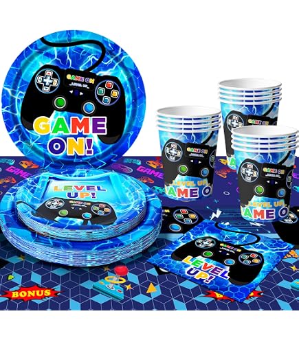 Blue Video Game Party Supplies Set - 212 Pieces For Boys Gamer Birthday Decor, Tableware, Decorations For 16 Guests