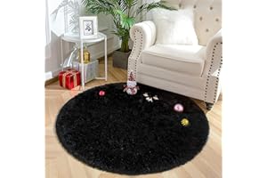VOFUSHON Pluszowy okrągły dywan Shaggy, kolorowy, batik, sztuczny, puszysty aksamit, nowoczesny dywan wewnętrzny, długie włosy, futro, przyjemny dywanik przed łóżko, sofę, mata (czarny, 120 x 120 cm)