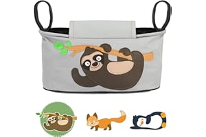 GLÜCKSWOLKE Kinderwagen Organizer - 12 Motive I Kinderwagentasche verschließbar I Kinder Buggy Tasche mit Feuchttuchspender I Baby Stroller Pram Bag I Aufbewahrungstasche (Fannie Faultier I grau)