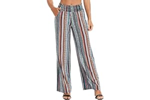 EXCHIC Femmes Décontracté Jambe Droite Boho Yoga Pantalon Élastique Taille Haute Pantalon avec Poches