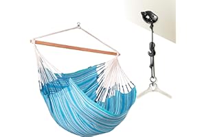 ‎LA SIESTA LA SIESTA®- Habana Hängesessel Kingsize + Befestigungsset für Entspannung & Stil: 360° Drehgelenk, hochwertiges Bambusholz - GOTS-zertifizierte Baumwolle (Azure)
