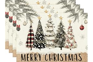 BGFUO Buffalo Plaid Snowflakes Christmas Placemats Set of 4, 12x18 Inch Winter Placemats for Party Kitchen Dining Decoration Vintage Thanksgiving Washable Table Mats (Christmas Tree)