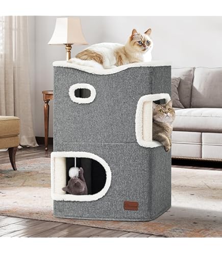 Kattenhuis voor binnen, opvouwbaar kattenhuis met krabplank, speelbal, kattenmand voor meerdere katten, kubuskattenhuis met drie verdiepingen, 40x 40 x 63 cm, grijs