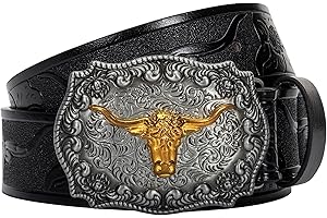 EOHAK Mens Western Cowboy Belt - Longhorn Bull Pattern Buckle Belt Floral Engraved Buckle Belt