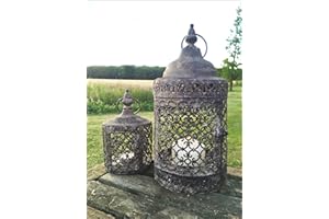 LONDON ORNAMENTS Vintage Moorish Lantern Candle Holder, Set of Two Moroccan Garden Indoor or Outdoor Use, Rustic