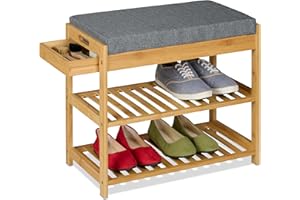 ‎RELAXDAYS Relaxdays Ławka na buty, ławka tapicerowana z półką na buty, 2 poziomy, szuflada, (wys. x szer. x gł.): 49 x 55 x 30 cm, bambus i len, kolor naturalny/szary