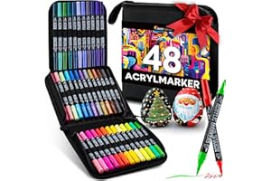 ‎ZENACOLOR Zenacolor 48 Acrylstifte für Steine wasserfest mit Doppelspitze (feine Spitze und Pinsel) - Acrylstifte verschiedene Oberflächen - Multimarker Acryl mit einer Tasche
