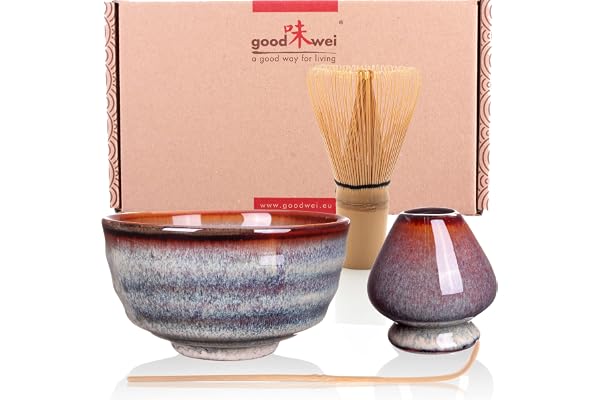 Goodwei Matcha Kit avec balai à matcha, bol à Matcha artisanal et porte-balai en céramique | Coffret cadeau (Uji)