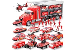 JOYIN - Set de juguetes 25 en 1 camión de bomberos de fundición con sonidos y luces, vehículos de bomberos en camión transportador, minicoches de rescate y emergencias, regalo para niños mas de 3 años