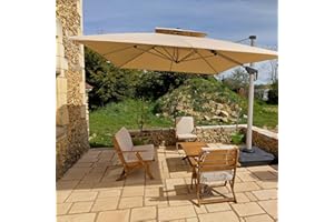 PURPLE LEAF Parasol Déporté 3 x 3 m Carré avec Pied, Parasol de Jardin Extérieur à Toit Double Rotatif 360°, Pour Terrasses, Terrains de camping, Restaurants Extérieurs, Beige