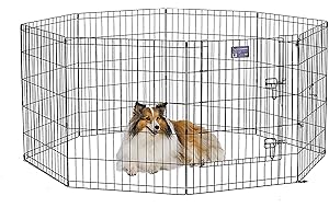 MidWest Homes for Pets Folding Metal Dog Exercise Pen and Pet Playpen with Door, Includes Grounding Stakes and Provides 1.5 Meters of Play Space, 76cm Tall, Black E-Coated