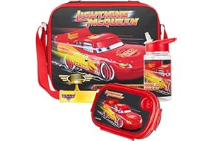 Get Trend Disney Cars Water Bottle Lunch Bag and Lunch Box Kids Set 3 Pcs School Supplies Lightning McQueen Snack Box BPA Free Leakproof for Travel Picnic Holiday (Black Cars)