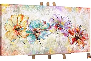YS-Art Acryl Gemälde auf Leinwand handgemalt schöne Blumen Leinwandbild Abstrakt bunte Farben Wanddeko Wohnzimmer modern Wohndekor Büro Kunst 140x70 cm