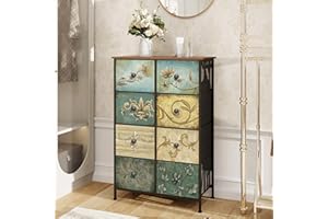 VEDECASA Chest of Drawers with 8 Drawers Narrow Tall Dresser for Bedroom Retro Floral Pattern Clothes Storage Organiser Unit for Living Room Entryway Closet Wood Board Metal Frame