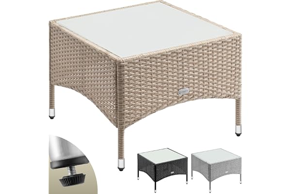 Casaria® Table d'appoint en polyrotin crème 58x58x42cm Table Basse de Jardin carrée avec Plaque en Verre Petite Table extérieur