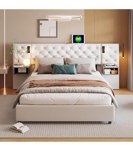 Lit Coffre 160x200cm Avec Rangement Hydraulique Et LED - Tête De Lit Rangement, Ports USB/Type-C, Tissu Lin, Sans Matelas
