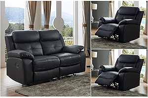 SC Furniture Ltd Black Leather Manual Reclining 2 Seater Sofa + 2 Leather Manual Recliner Armchairs Suite CHICAGO (2+1+1)