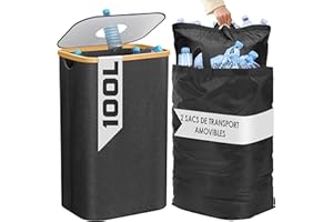 BAM BOO BOX Poubelle de Cuisine 100L - Poubelle de Recyclage avec 2 Sacs de Transport XXL - Poubelle Tri avec Sac de Transport Supplémentaire - Poubelle 100l Cuisine avec Trou - Poubelle Plastique (Noir)