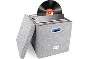 WOODOULOGY Vinyl-Schallplatten-Aufbewahrungsbox für 50+ einzelne LPs (30,5 cm), stapelbare Alben, Leinenkiste mit Deckel, zusammenklappbarer Musiksammlungshalter, Dokumentenmappe, Schrank, Organizer mit Griff