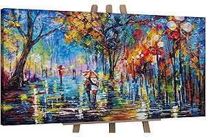 YS-Art Arte astratta moderna Vicolo d'autunno Pittura acrilica su tela Dipinta a mano Paesaggio urbano Motivo autunnale Colori vivaci 140x70 cm