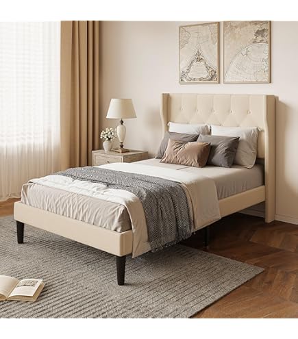 Lit Coffre 160x200 KOMHTOM Lit LED Double Rembourré Avec Tête De Lit, Cadre De Lit Plateforme Avec 4 Tiroirs De Rangement, Sommier à Lattes En Bois(sans Matelas) (Beige, 180x200CM Lit Tiroir 140x190
